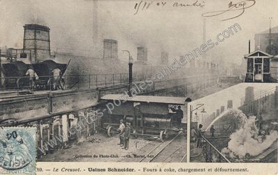 Carte postale ancienne Usines Schneider. - Fours à coke, chargement et défournement — Le Creusot (Saône-et-Loire)