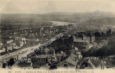 Carte postale ancienne Jonction du Rhône et de la Saône prise de Notre-Dame de Fourvière — Lyon (Rhône)