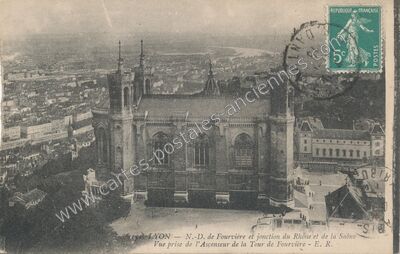 Carte postale ancienne N.-D. de Fourvière et jonction du Rhône et de la Saône — Lyon (Rhône)