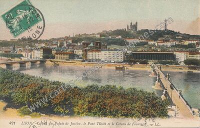 Carte postale ancienne Pont du Palais de Justice, le Pont Tilsitt et le Coteau de Fourvière — Lyon (Rhône)