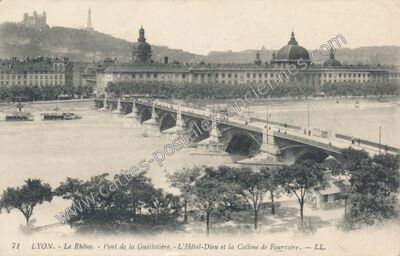 Carte postale ancienne Le Rhône. - Pont de la Guillotière. - L'Hôtel-Dieu et la Colline de Fourvière — Lyon (Rhône)