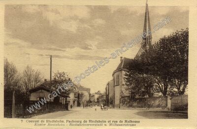Carte postale ancienne Couvent de Riedisheim et rue de Mulhouse — Riedisheim (Haut-Rhin)