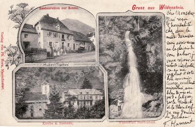 Carte postale ancienne Restauration zur Sonne. Hubert Fischer. Kirche u. Rathaus. Wasserfall Heidenbad — Wildenstein (Haut-Rhin)
