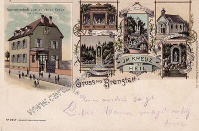 Carte postale ancienne Gastwirtschaft zum goldenen Kreuz — Brunstatt (Haut-Rhin)