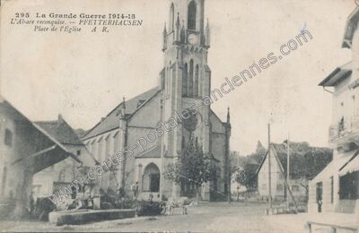 Carte postale ancienne La Grande Guerre 1914-15 L'Alsace reconquise. Place de l'Eglise — Pfetterhouse (Haut-Rhin)