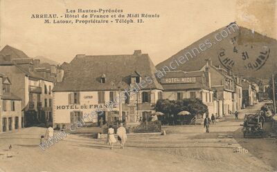 Carte postale ancienne Hôtel de France et du Midi Réunis — Arreau (Hautes-Pyrénées)