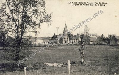 Carte postale ancienne L'Eglise, la Maison d'Ecole, le Bourg — La Cellette (Puy-de-Dôme)