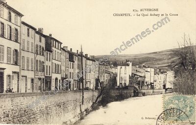 Carte postale ancienne Le Quai Aubary et la Couze — Champeix (Puy-de-Dôme)