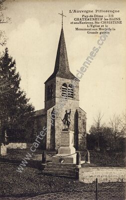 Carte postale ancienne L'Eglise et le Monument aux Morts de la Grande guerre — Châteauneuf-les-Bains (Puy-de-Dôme)