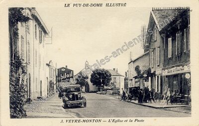 Carte postale ancienne L'Eglise et la Poste — Veyre-Monton (Puy-de-Dôme)