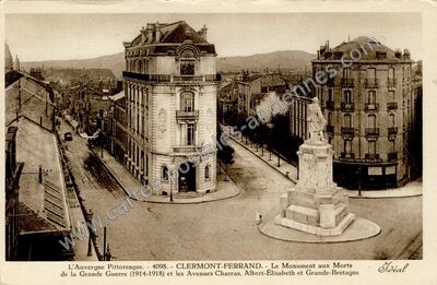 Carte postale ancienne Le Monument aux Morts de la Grande Guerre (1914-1918) et les Avenues Charras — Clermont-Ferrand (Puy-de-Dôme)