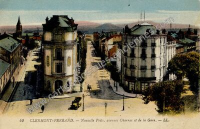 Carte postale ancienne Nouvelle Poste, avenues Charras et de la Gare — Clermont-Ferrand (Puy-de-Dôme)