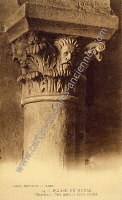 Carte postale ancienne Église de Mozac. Chapiteau. Tête antique (XIIe siècle) — Mozac (Puy-de-Dôme)