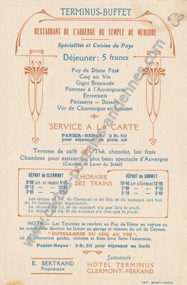 Carte postale ancienne TERMINUS-BUFFET RESTAURANT DE L'AUBERGE DU TEMPLE DE MERCURE Spécialités et Cuisine du… — Clermont-Ferrand (Puy-de-Dôme)