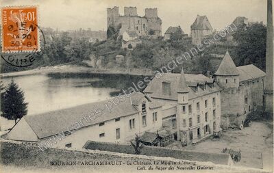 Carte postale ancienne Le Château. Le Moulin. L'Etang — Bourbon-l'Archambault (Allier)