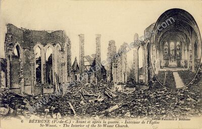 Carte postale ancienne Avant et après la guerre. - Intérieur de l'Église St-Waast — Béthune (Pas-de-Calais)
