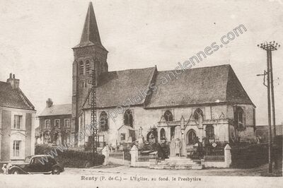 Carte postale ancienne L'Église, au fond. le Presbytère — Renty (Pas-de-Calais)