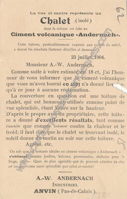 Carte postale ancienne Chalet (isolé) dont la toiture est faite en Ciment volcanique «Andernach» — Anvin (Pas-de-Calais)