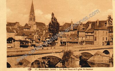 Carte postale ancienne Le Pont Vieux et l'Eglise St-Sauveur — Argentan (Orne)