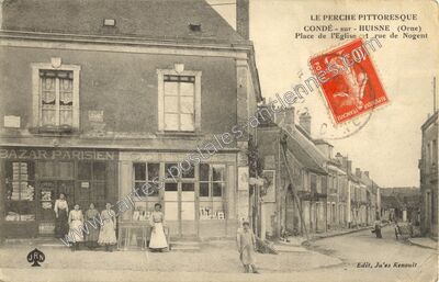 Carte postale ancienne Place de l'Eglise et rue de Nogent — Condé-sur-Huisne (Orne)