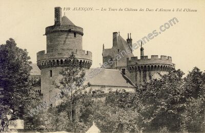 Carte postale ancienne Les Tours du Château des Ducs d'Alençon à Vol d'Oiseau — Alençon (Orne)