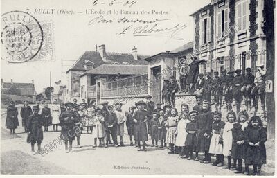 Carte postale ancienne L'École et le Bureau des Postes — Rully (Oise)