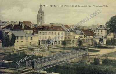 Carte postale ancienne La Passerelle et le Jardin de l'Hôtel-de-Ville — Creil (Oise)