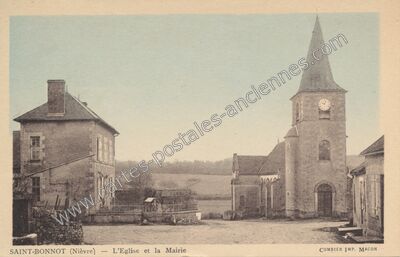 Carte postale ancienne L'Eglise et la Mairie — Saint-Bonnot (Nièvre)
