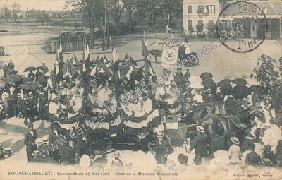 Carte postale ancienne Cavalcade du 17 Mai 1908 - Char de la Musique Municipale — Fourchambault (Nièvre)