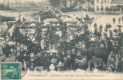 Carte postale ancienne Cavalcade du 17 Mai 1908 - Char de la Musique Bouchacourt — Fourchambault (Nièvre)