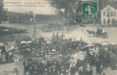 Carte postale ancienne Cavalcade du 17 Mai 1908 - Char de la Société de Pêche du Gardon Rouge — Fourchambault (Nièvre)