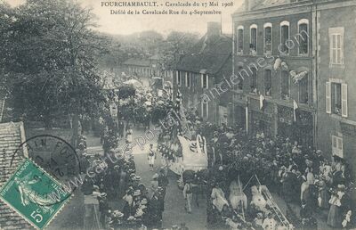 Carte postale ancienne Cavalcada du 17 Mai 1908 / Défilé de la Cavalcade Rue du 4-Septembre — Fourchambault (Nièvre)