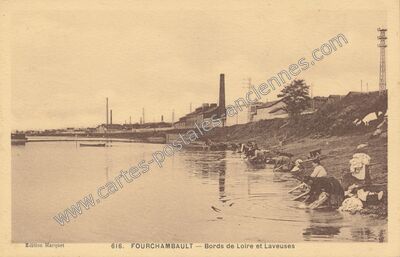 Carte postale ancienne Bords de Loire et Laveuses — Fourchambault (Nièvre)