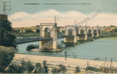 Carte postale ancienne Pont suspendu sur la Loire et Vue Générale — Fourchambault (Nièvre)