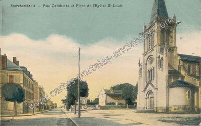 Carte postale ancienne Rue Gambetta et Place de l'Eglise St-Louis — Fourchambault (Nièvre)