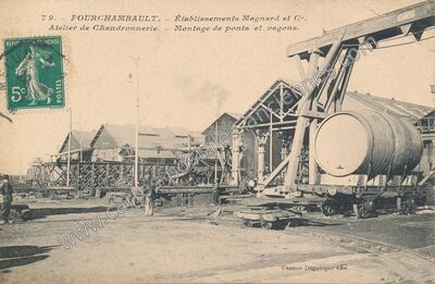 Carte postale ancienne Établissements Magnard et Cie. Atelier de Chaudronnerie. Montage de ponts et wagons — Fourchambault (Nièvre)