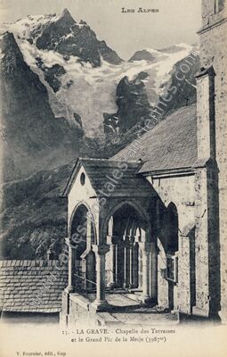 Carte postale ancienne Chapelle des Terrasses et le Grand Pic de la Meije — La Grave (Hautes-Alpes)