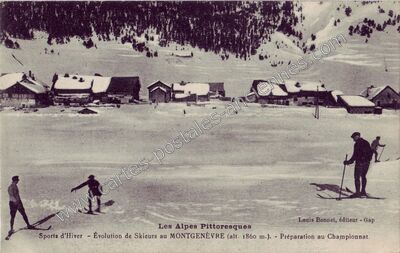 Carte postale ancienne Sports d'Hiver - Évolution de Skieurs au MONTGENÈVRE - Préparation au Championnat — Montgenèvre (Hautes-Alpes)