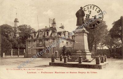 Carte postale ancienne Préfecture Maritime et Statue Dupuy de Lôme — Lorient (Morbihan)