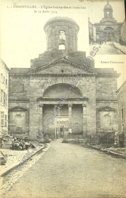 Carte postale ancienne L'Église bombardée et incendiée — Badonviller (Meurthe-et-Moselle)