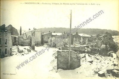 Carte postale ancienne Faubourg d'Alsace, les Ruines après l'invasion du 12 Août 1914 — Badonviller (Meurthe-et-Moselle)