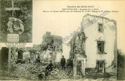 Carte postale ancienne Maison où furent fusillés par les Bavarois M. et Mme George et M. Gruber, facteur — Badonviller (Meurthe-et-Moselle)