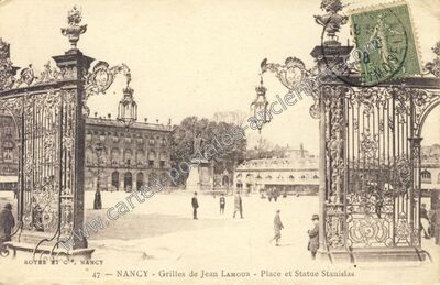 Carte postale ancienne Grilles de Jean Lamour - Place et Statue Stanislas — Nancy (Meurthe-et-Moselle)