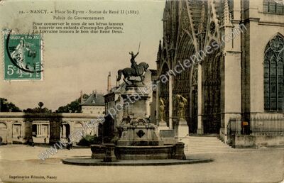 Carte postale ancienne Place St-Epvre - Statue de René II (1882) Palais du Gouvernement — Nancy (Meurthe-et-Moselle)