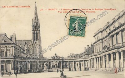 Carte postale ancienne L'Hémicycle de Carrière et la Basilique Saint-Epvre. Vue prise de l'entrée de la Pépinière — Nancy (Meurthe-et-Moselle)
