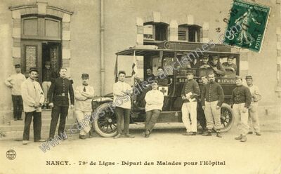 Carte postale ancienne 79e de Ligne - Départ des Malades pour l'Hôpital — Nancy (Meurthe-et-Moselle)