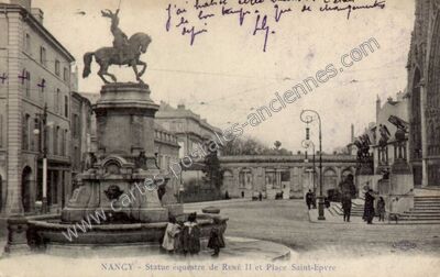 Carte postale ancienne Statue équestre de René II et Place Saint-Epvre — Nancy (Meurthe-et-Moselle)