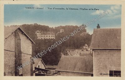 Carte postale ancienne Vue d'ensemble, le Château, l'Eglise et le Parc — Vierzy (Aisne)