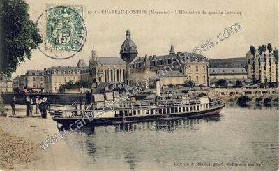 Carte postale ancienne L'Hôpital vu du quai de Lorraine — Château-Gontier (Mayenne)