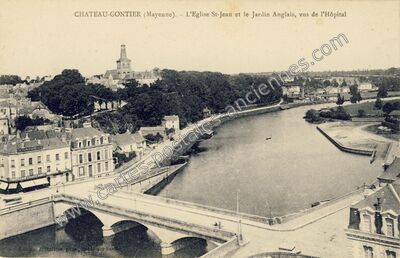 Carte postale ancienne L'Eglise St-Jean et le Jardin Anglais, vus de l'Hôpital — Château-Gontier (Mayenne)